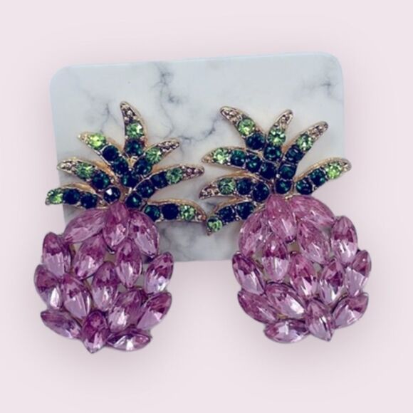 Pink Crystal Gem Pinaepple Studs Post Earrings - Picture 1 of 7